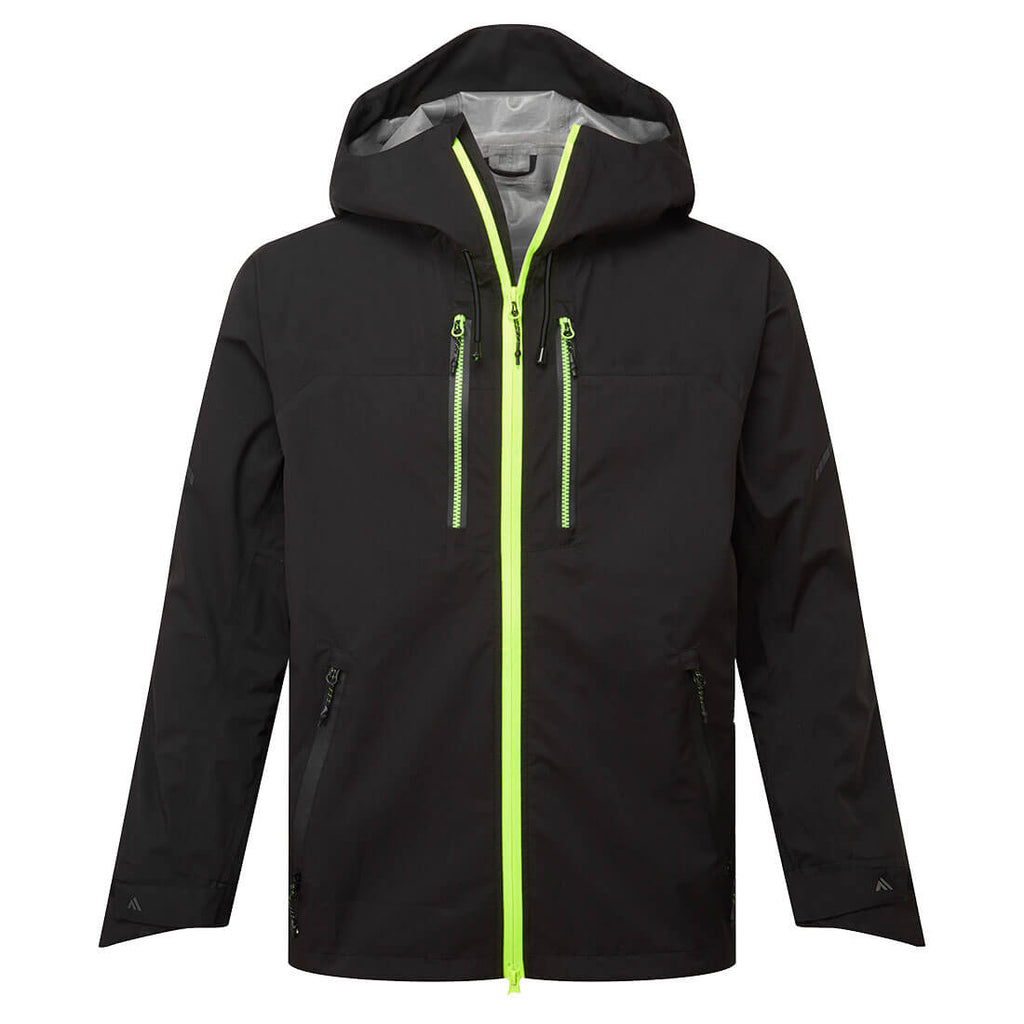 Schwarze Regenjacke mit kontrastierem Neon-Reißverschluss und Kapuze