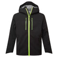Schwarze Regenjacke mit kontrastierem Neon-Reißverschluss und Kapuze