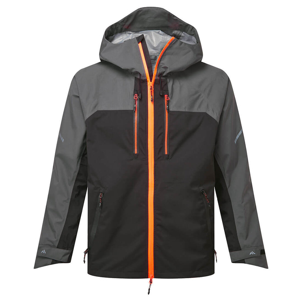 EV4 Shell-Regenjacke, dunkelgrau, mit Kapuze und orangefarbener Frontreißverschluss