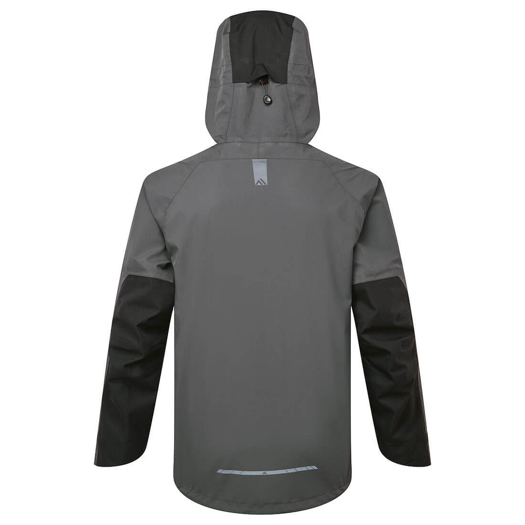 Shell-Regenjacke, dunkelgrau, Rückansicht mit Kapuze und zwei seitlichen Taschen