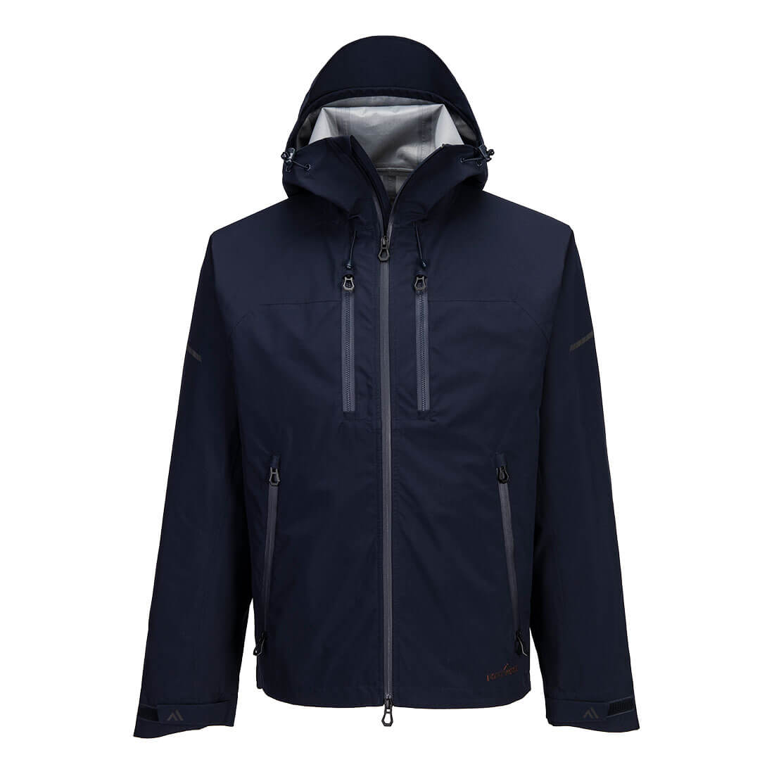 EV4 Shell-Regenjacke, dunkelblaue Kapuze, durchgehender Reißverschluss, Taschen mit Reißverschluss