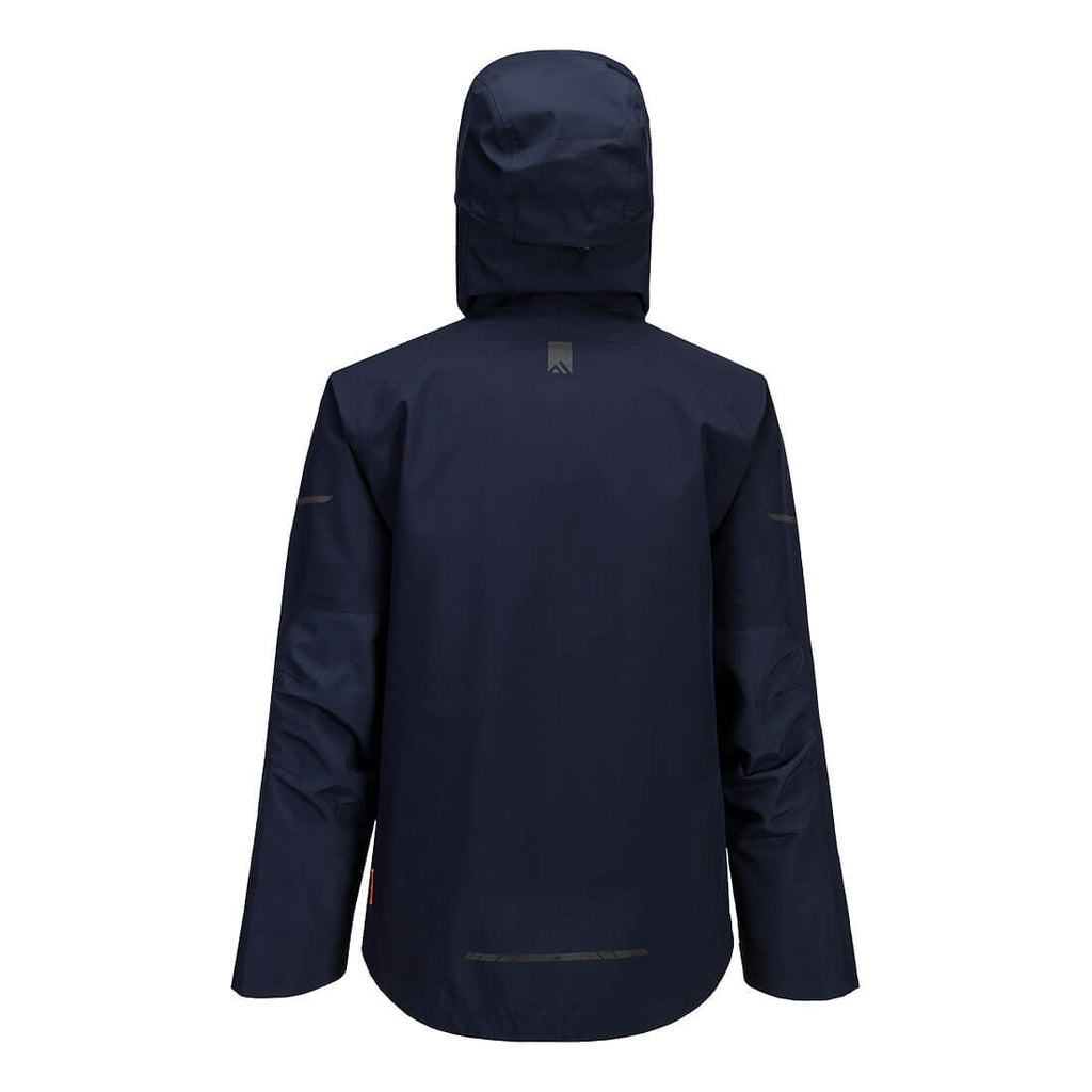 EV4 Shell-Regenjacke, Rückenansicht, dunkelblaue Kapuze, durchgehender Reißverschluss