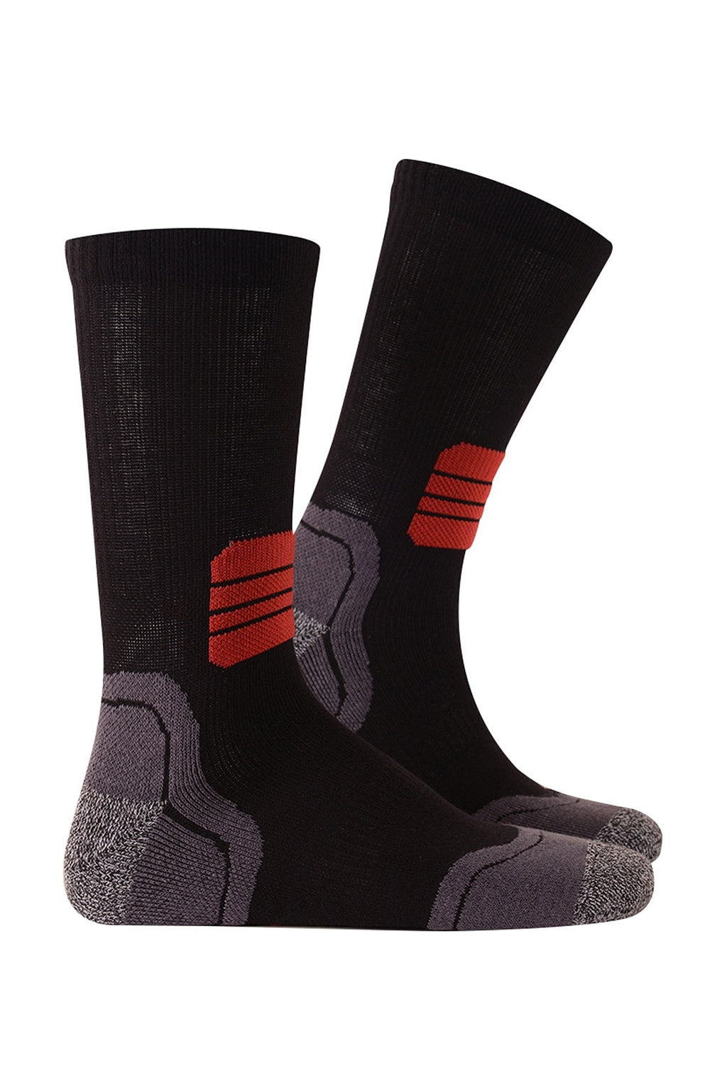Laufsocken schwarz, mit grauen Polstern und roten Streifen am Bündchen