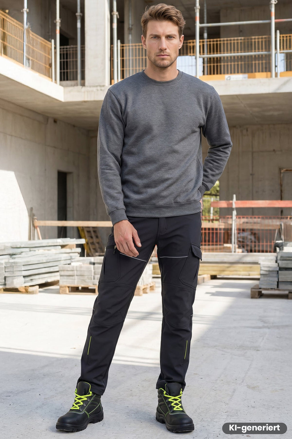 Dunkle Softshell-Bundhose mit langen Beinen, Knie-Cargo-Taschen und gelben Akzenten