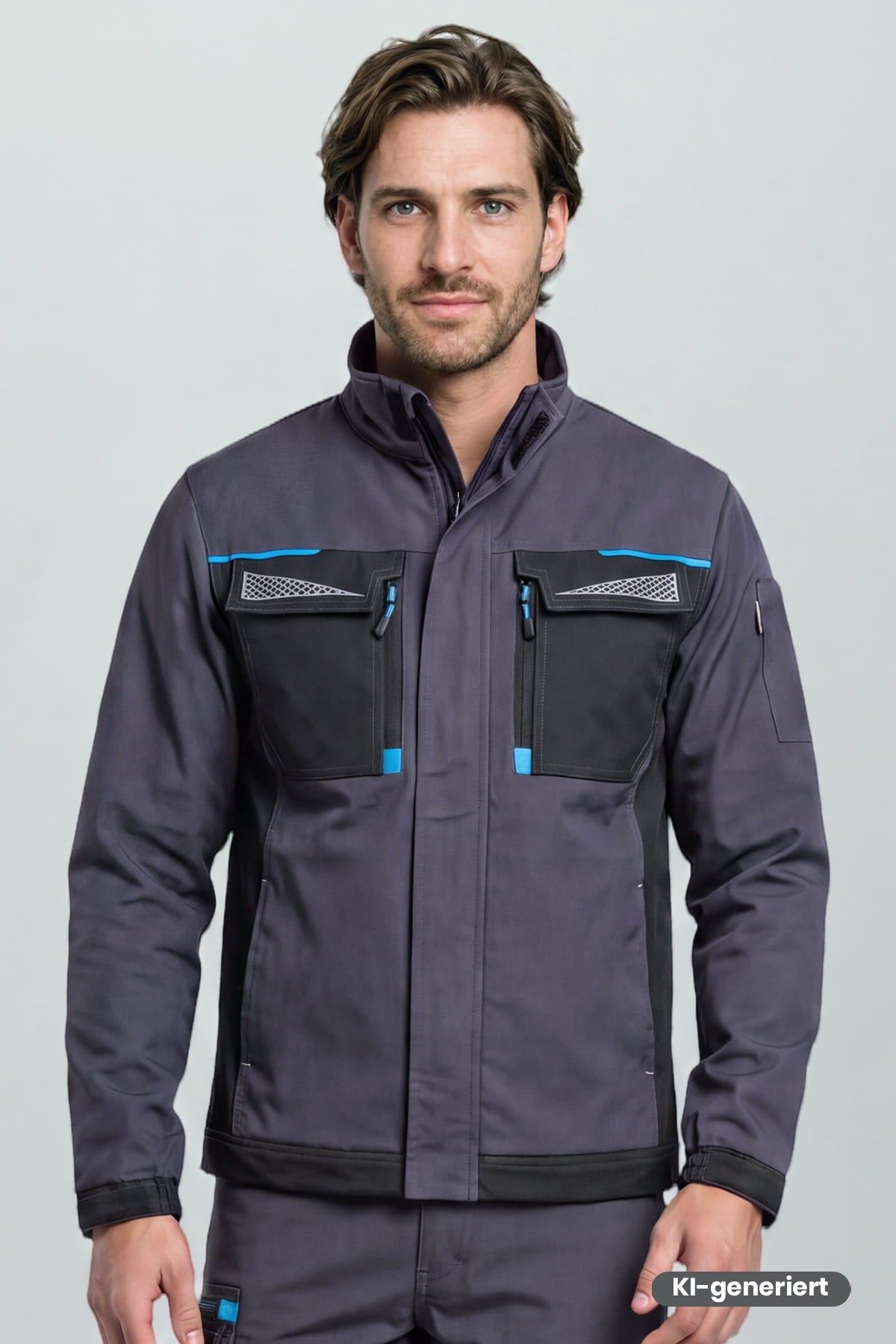 Bundjacke dunkelgrau mit Reißverschluss, Brusttaschen und blauen Akzenten