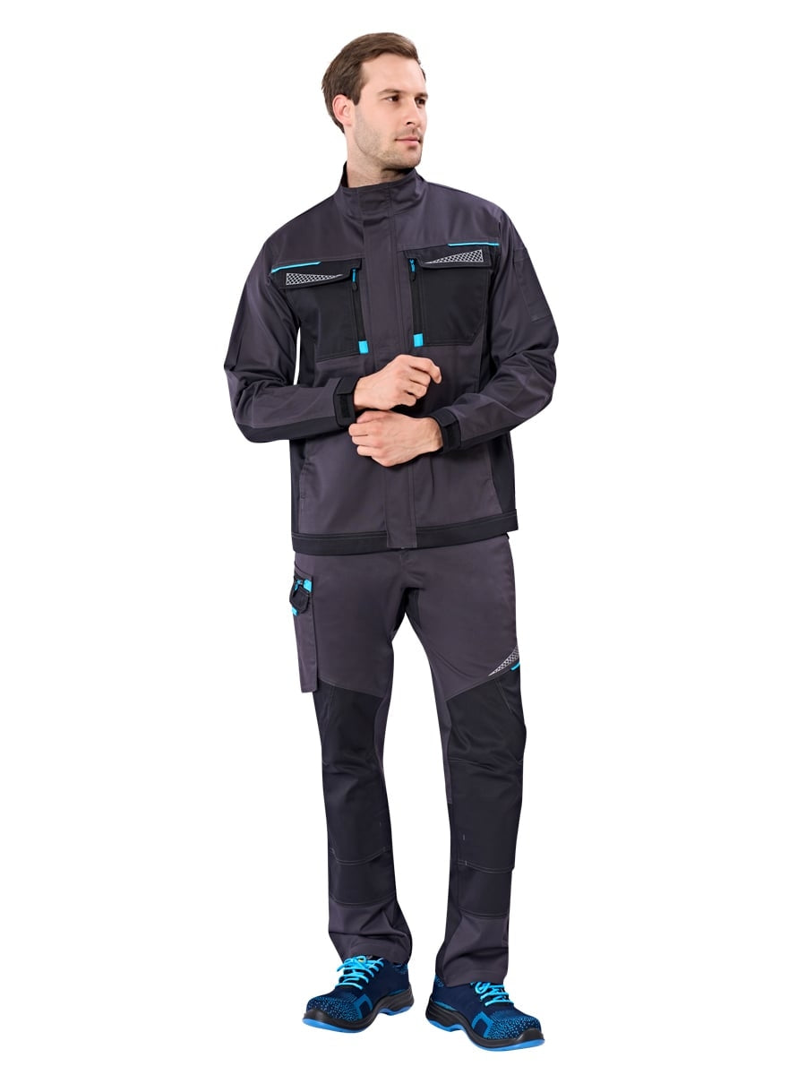 Bundjacke dunkelgrau, Vorderansicht mit Reißverschluss, seitlichen Taschen und blauen Details