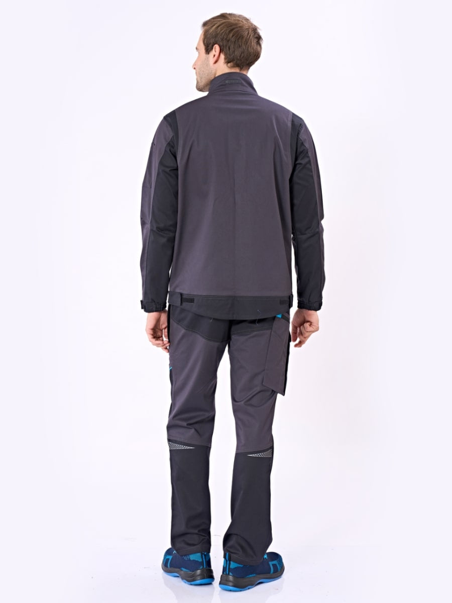 Bundjacke dunkelgrau, Rückansicht mit Reißverschluss, Taschen und blauen Akzenten