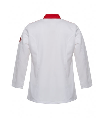 Chefkochjacke weiß, hinten glatt mit rotem Stehkragen und kleiner Logoapplikation am Ärmel