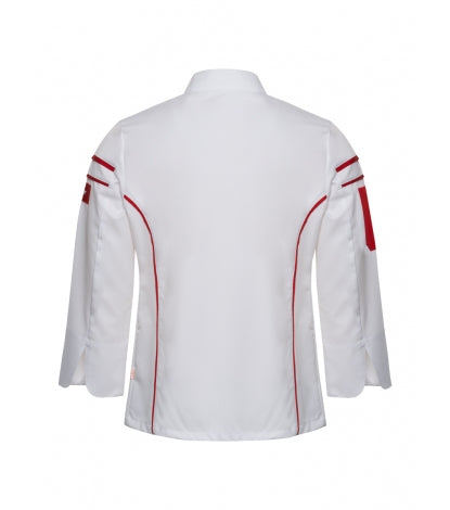 Chefkochjacke weiß mit rotem Rückenzierstreifen und Ärmelstickerei, Stehkragen, langarm
