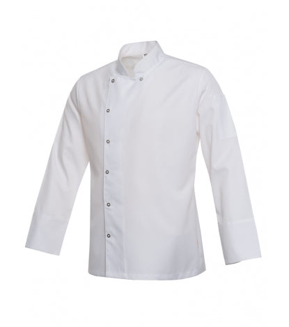 Weiße Chef-Kochjacke mit Druckknöpfen, Stehkragen und langen Ärmeln