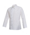 Weiße Chef-Kochjacke mit Druckknöpfen, Stehkragen und langen Ärmeln