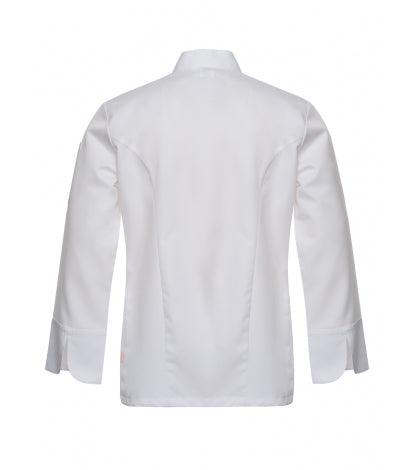 Weiße Chef-Kochjacke Rückansicht, Stehkragen, lange Ärmel