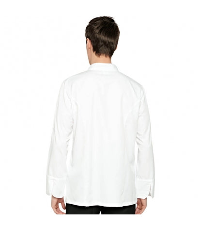 Weiße Chef-Kochjacke am Modell von hinten, Stehkragen und lange Ärmel