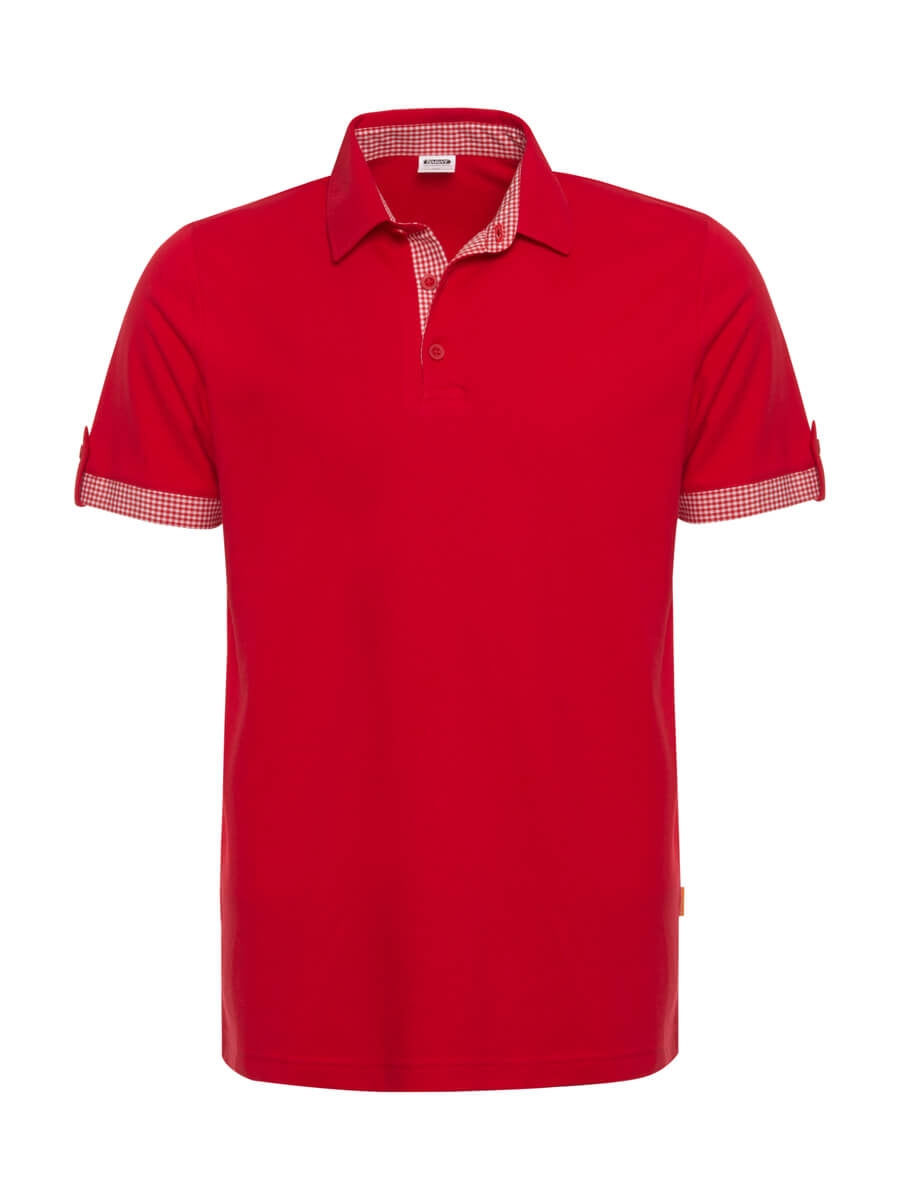 Rotes Poloshirt mit Knopfleiste, Kragen und kariertem Ärmelbund
