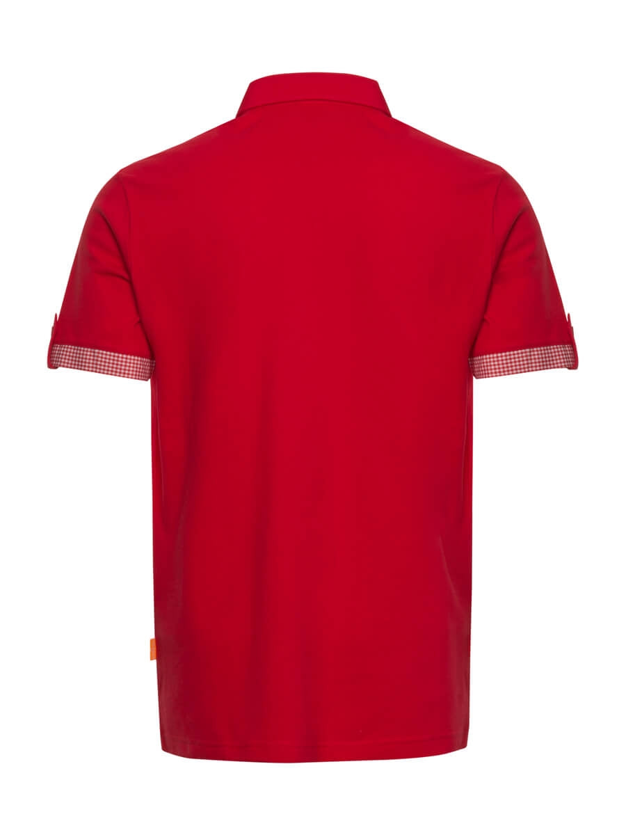 Rotes Poloshirt, Rückansicht mit kurzem Ärmel und kariertem Saumbund