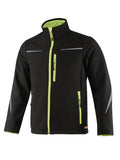 Schwarze Softshell-Sportjacke mit Neon-Gelb, durchgehendem Reißverschluss, Stehkragen