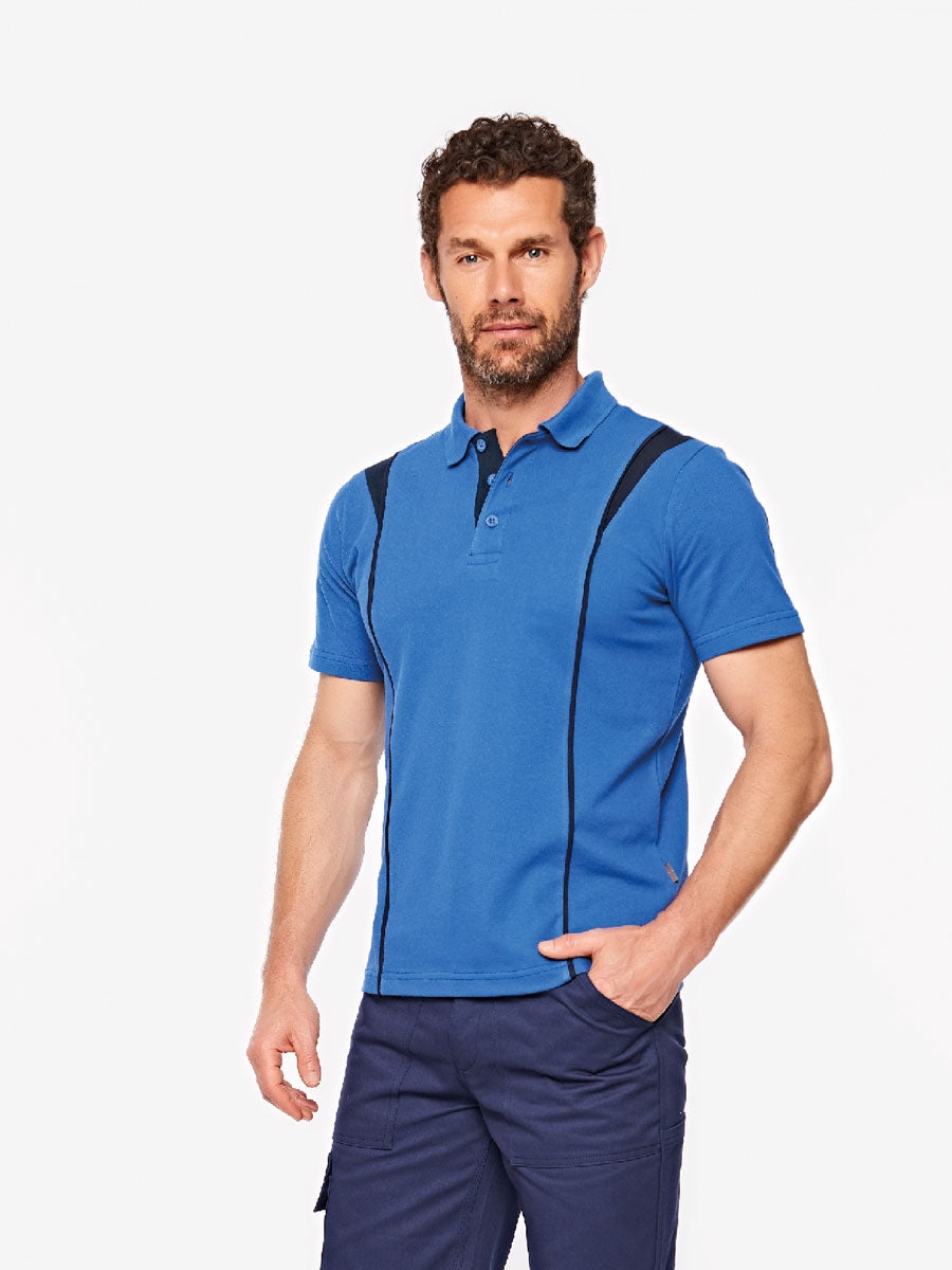 Blaues Poloshirt für Herren mit Knopfleiste und dunklen Seitenakzenten