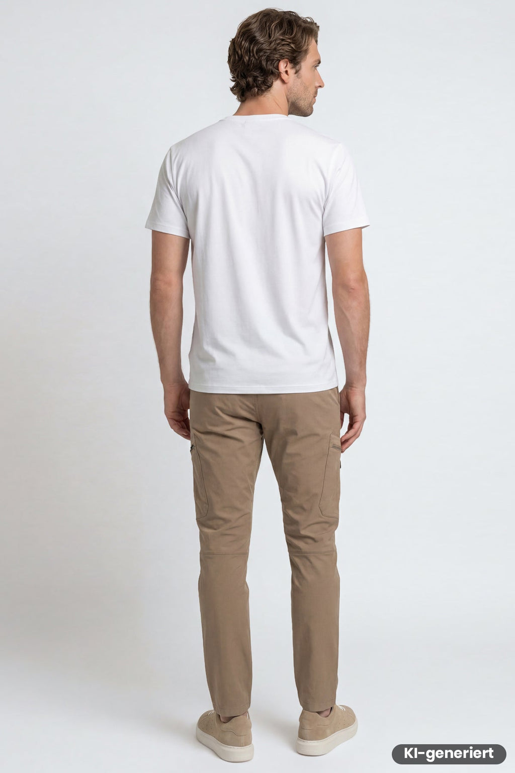 Herren-Outdoorhose Beige, Rückansicht mit geradem Schnitt und Knopfverschluss.