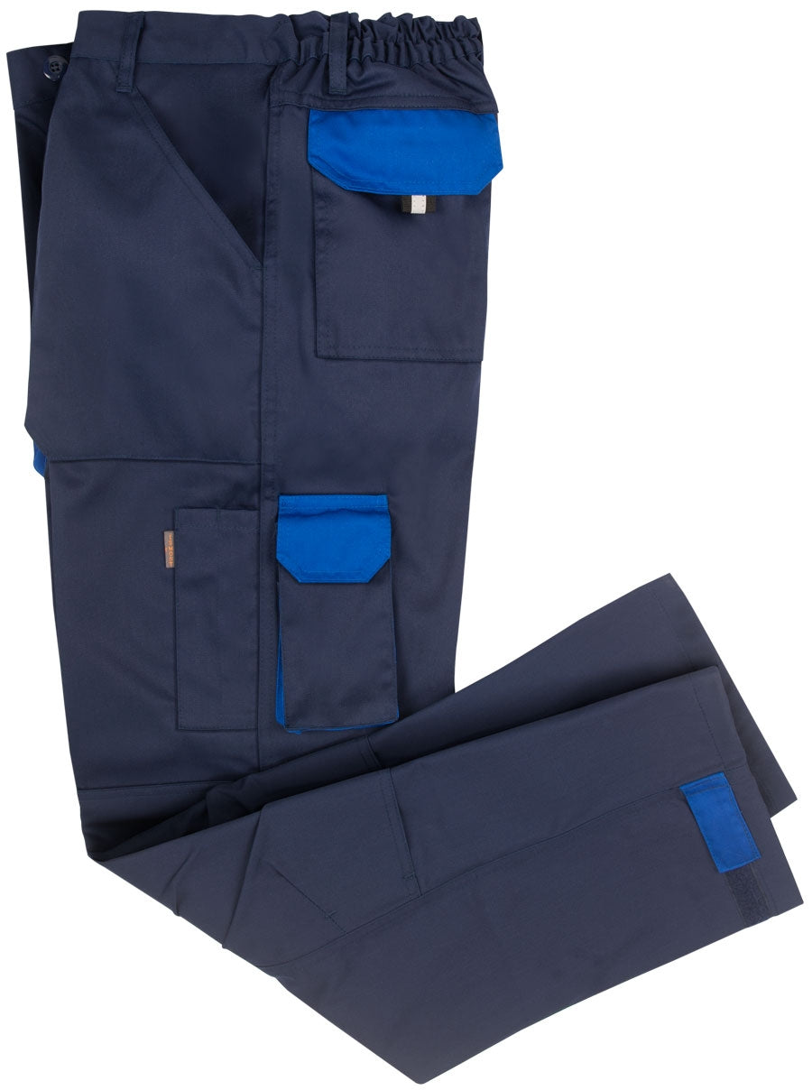 Marineblaue Arbeitshose mit blauen Kontrasttaschen und Kniebereich