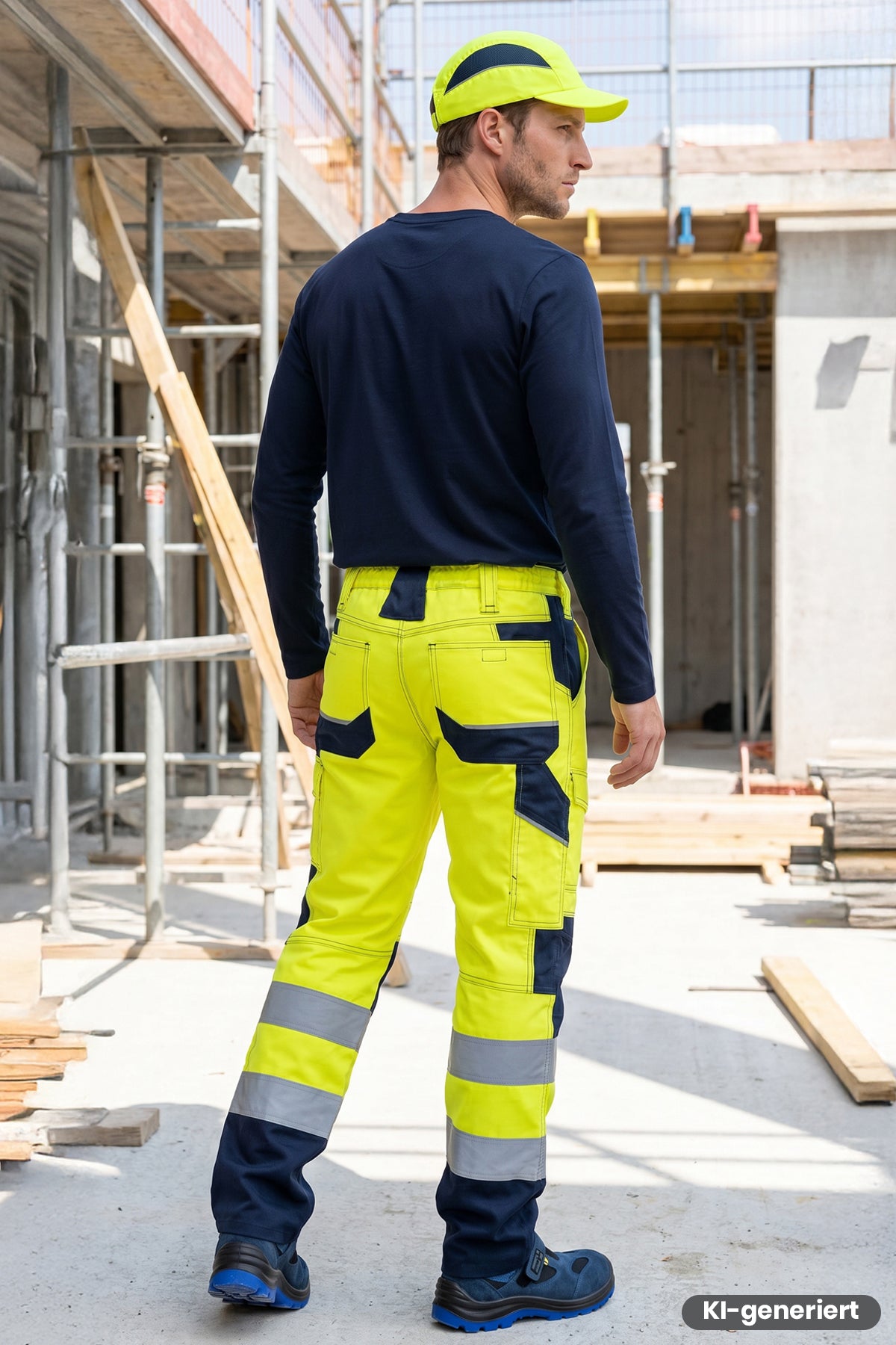 Arbeitsbundhose gelb mit seitlichen Taschen, marineblauen Kontrastpanelen und Reflexstreifen