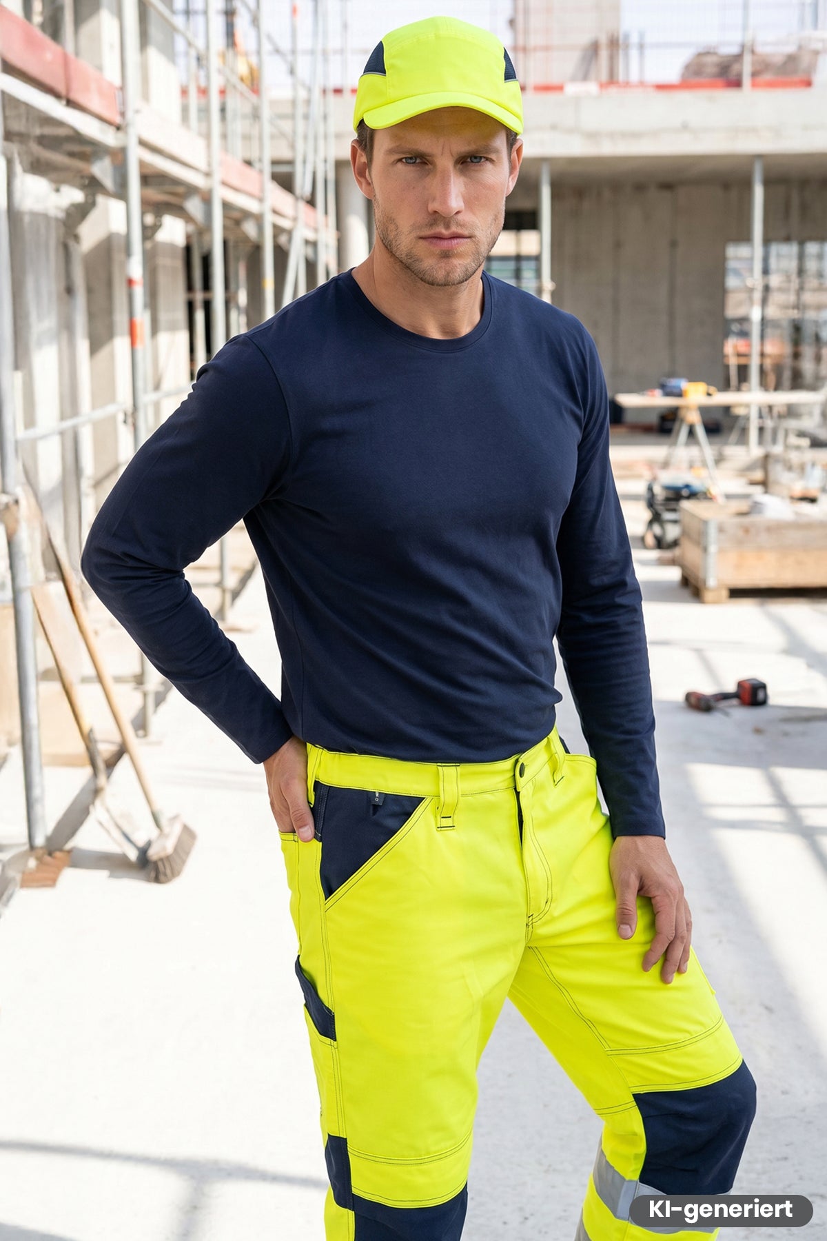 Arbeitsbundhose gelb mit marineblauen Einsätzen, reflektierenden Bändern und Knieverstärkungen