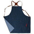 Blaue Baristaschürze aus Denim mit Lederriemen und Karofutter