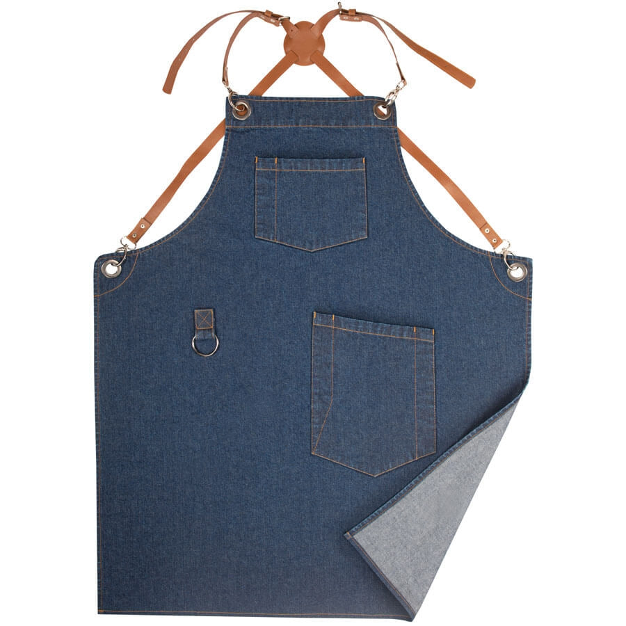 Marineblaue Barista-Schürze aus Jeansstoff mit zwei Taschen und verstellbaren Lederbändern