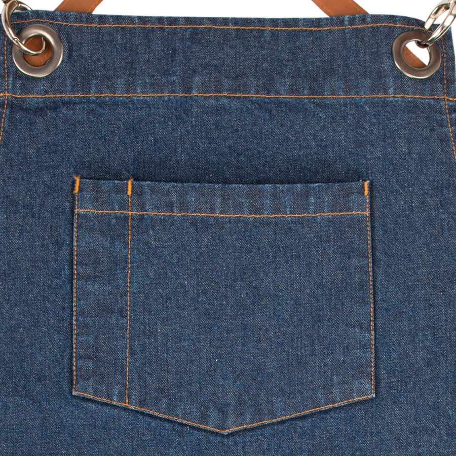 Marineblaue Barista-Schürze mit großer Fronttasche aus Jeansstoff mit Kontrastnähten