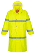 Gelber Warnschutz-Regenmantel mit Kapuze und Reflexstreifen, Knopfleiste