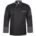 Schwarze Kochjacke mit Stehkragen, Knopfleiste und Brusttasche, Ärmelbündchen in Grau