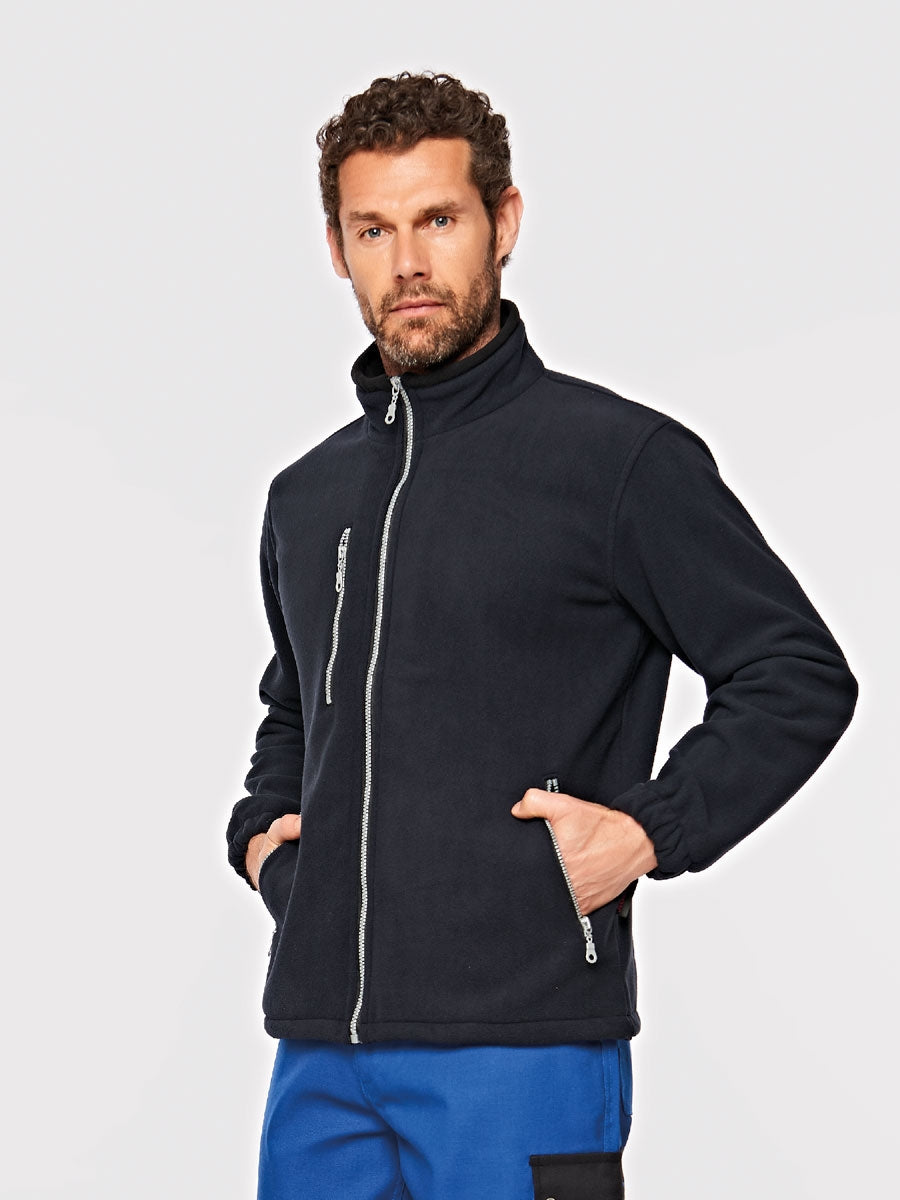 Dunkelblaue Fleecejacke mit durchgehendem Reißverschluss, Stehkragen und seitlichen Taschen