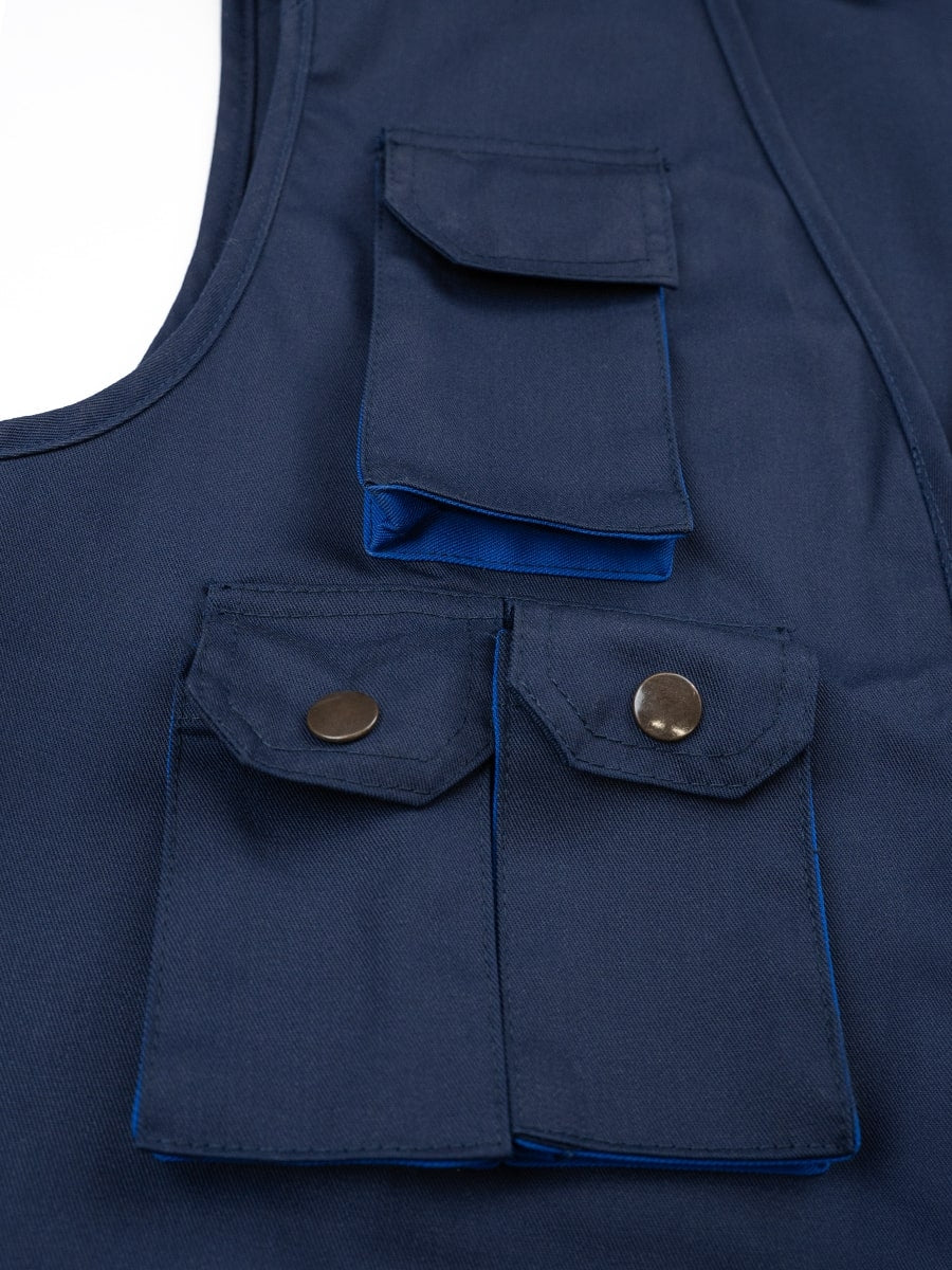 Arbeitsweste marineblau mit Brust- und Fronttaschen, Druckknöpfen und Klappen