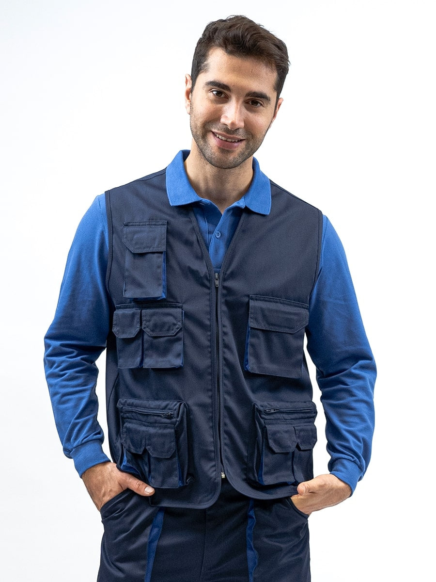 Arbeitsweste marineblau mit Brusttaschen, Frontklappen und mehreren seitlichen Taschen