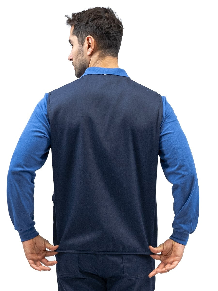 Arbeitsweste marineblau, Rückansicht mit Stehkragen und gerader Taschenlosigkeit