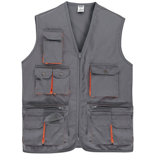 Arbeitsweste WEST / ISM 4302, grau, Frontreißverschluss, viele Taschen mit orange Kanten