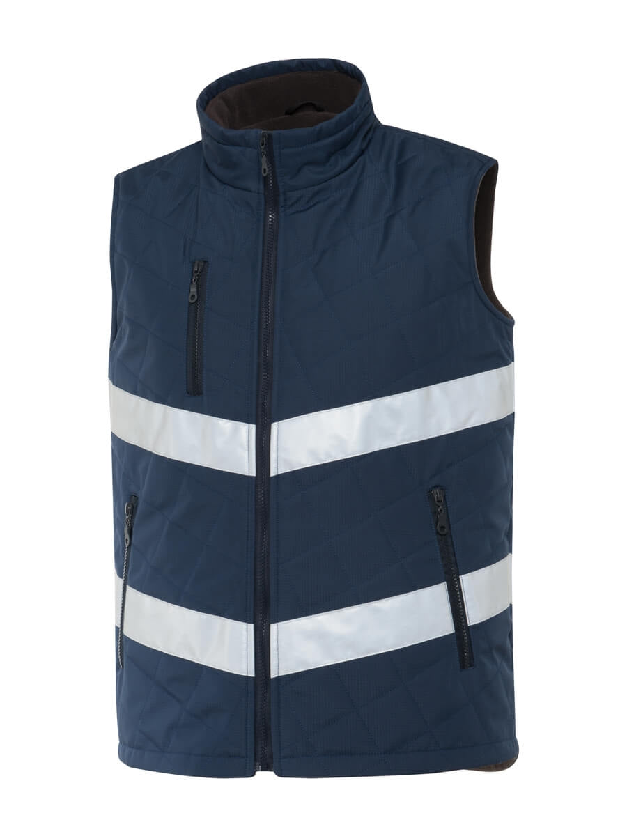 Marineblaue Steppweste mit reflektierenden Streifen, hohem Kragen und zwei Taschen