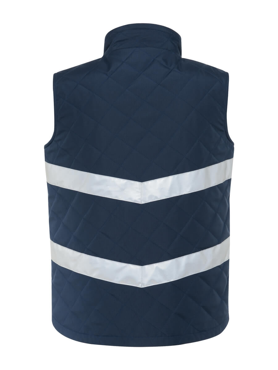 Marineblaue Steppweste (Rückseite) mit reflektierenden Streifen und Stehkragen