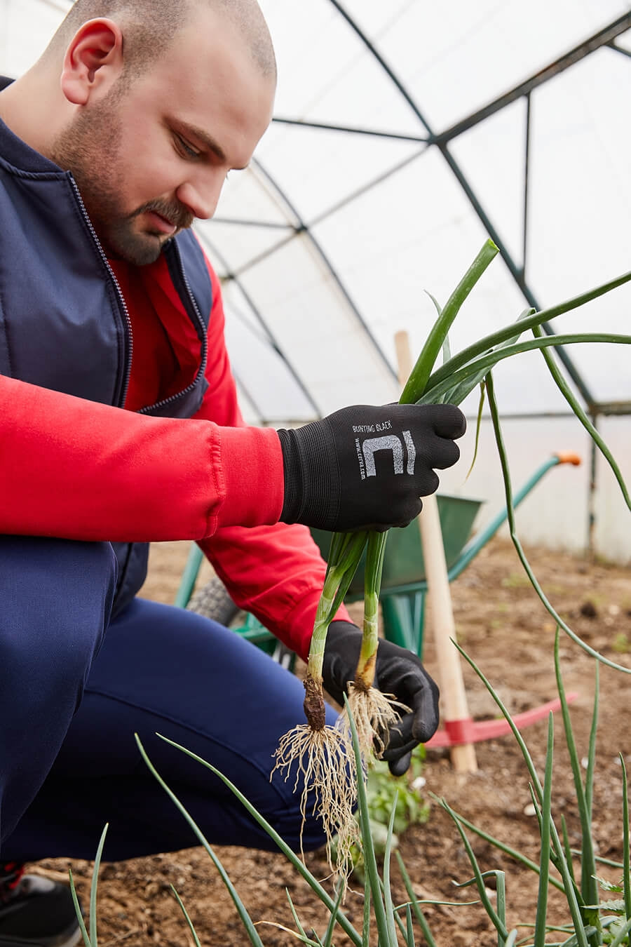 Nahansicht dunkelblaue Weste mit rotem Futter und Reißverschluss, getragen bei Gartenarbeit