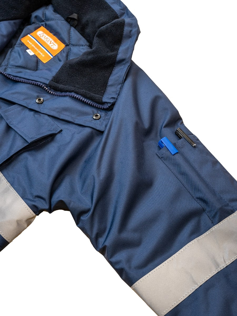 Marineblaue Jacke mit Kapuze und Druckknopfleiste, Ärmel mit kontrastierenden Streifen