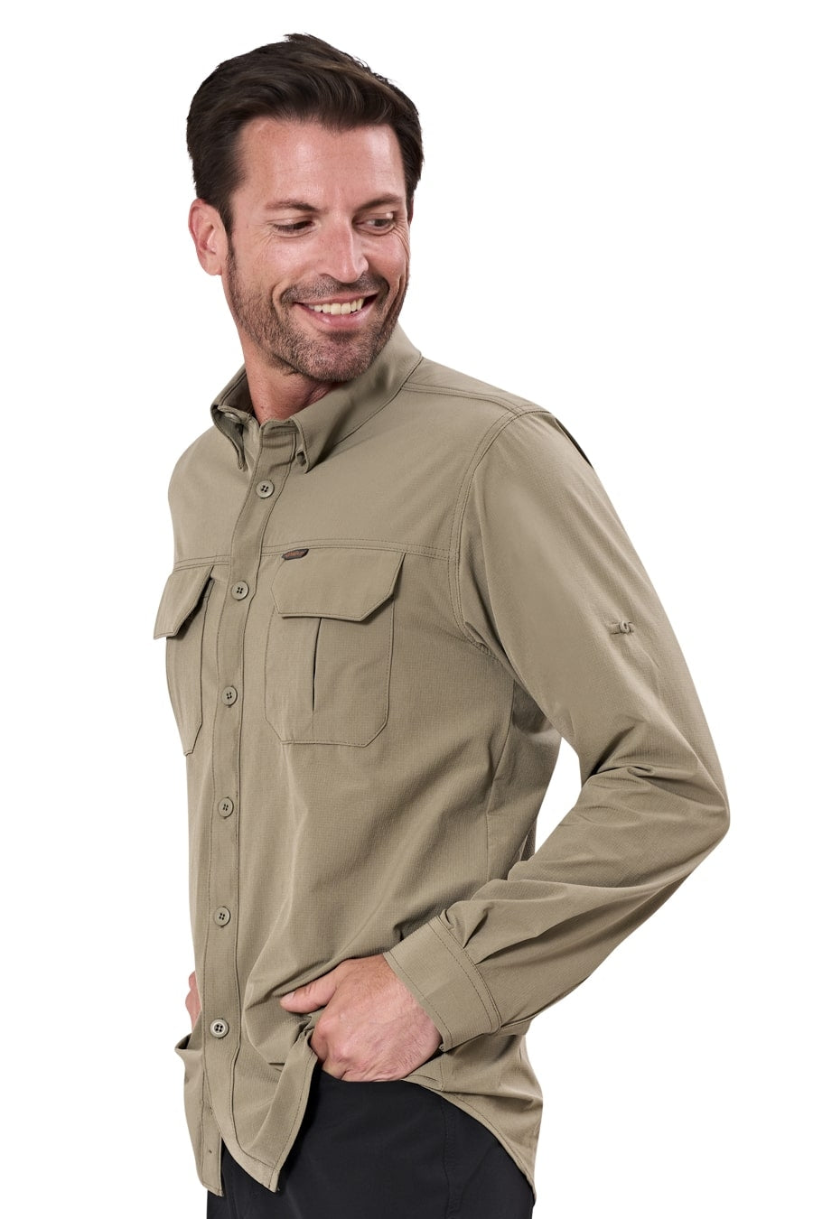 Beiges Outdoorhemd mit Knopfleiste und Brusttaschen, Langarm