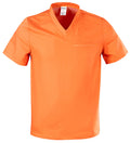 Orangefarbenes Scrub-Oberteil mit V-Ausschnitt, kurzem Ärmel und Brusttasche