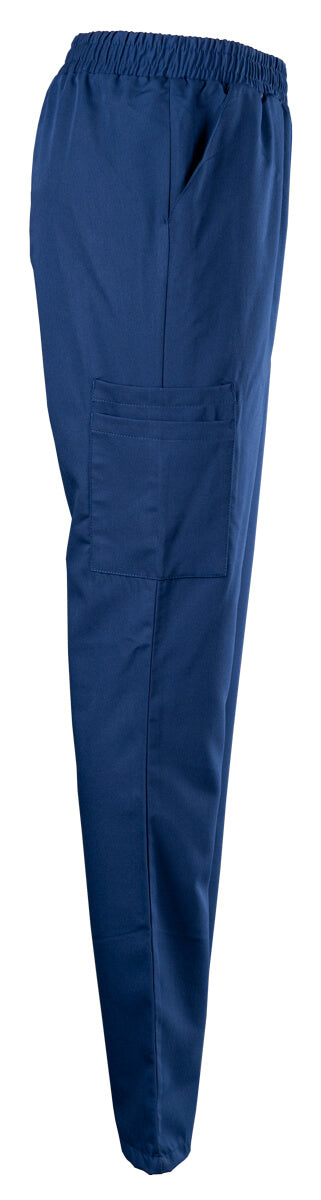 Marineblaue Stretch-Scrub-Hose seitlich, mit schmalem Bein und Eingrifftasche
