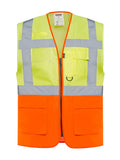 Warnschutzweste zweifarbig gelb/orange mit Reißverschluss und reflektierenden Streifen, vorn