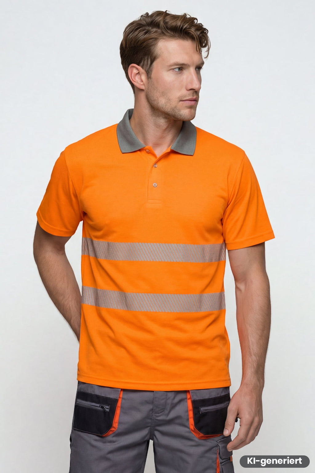 Warnschutz-Poloshirt orange mit silbernen Reflexstreifen und kurzem Kragen