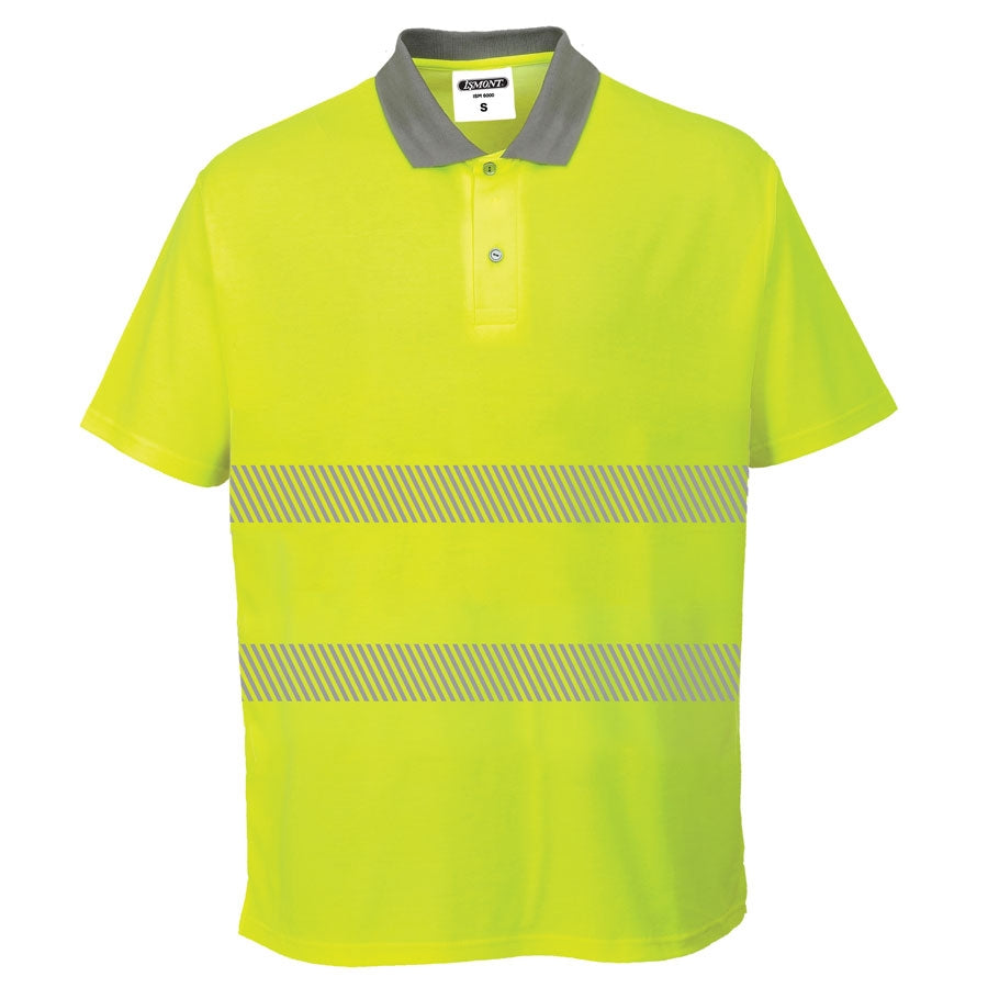 Warnschutz-Poloshirt in Neon-Gelb mit reflektierenden Streifen, kurzer Ärmel, Knopfleiste