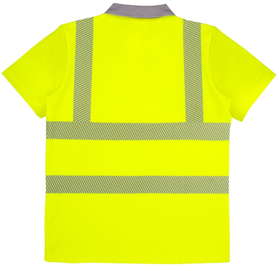Warnschutz-Poloshirt Neon-Gelb, Rückansicht mit breiten reflektierenden Streifen