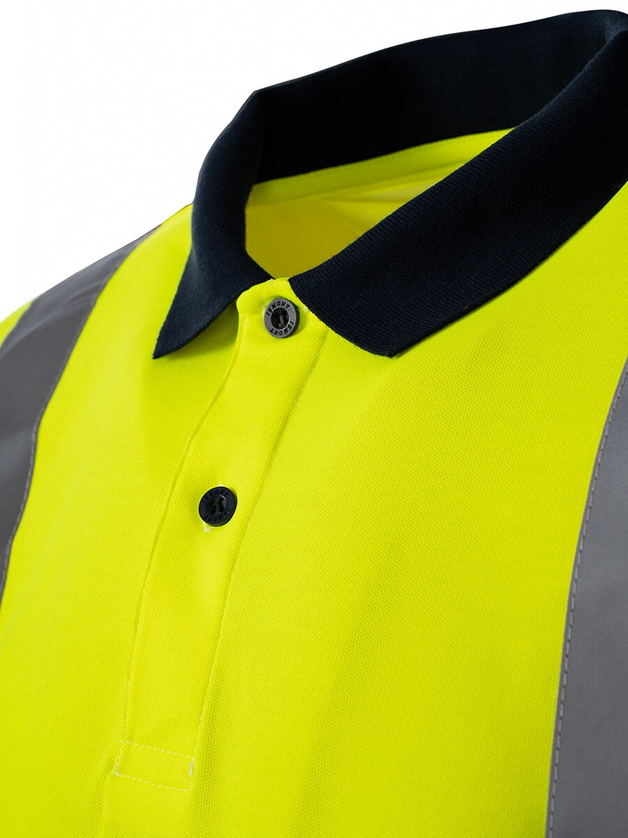 Langarm-Poloshirt Detail: gelber Kragen mit marineblauem Rand und Knopfleiste