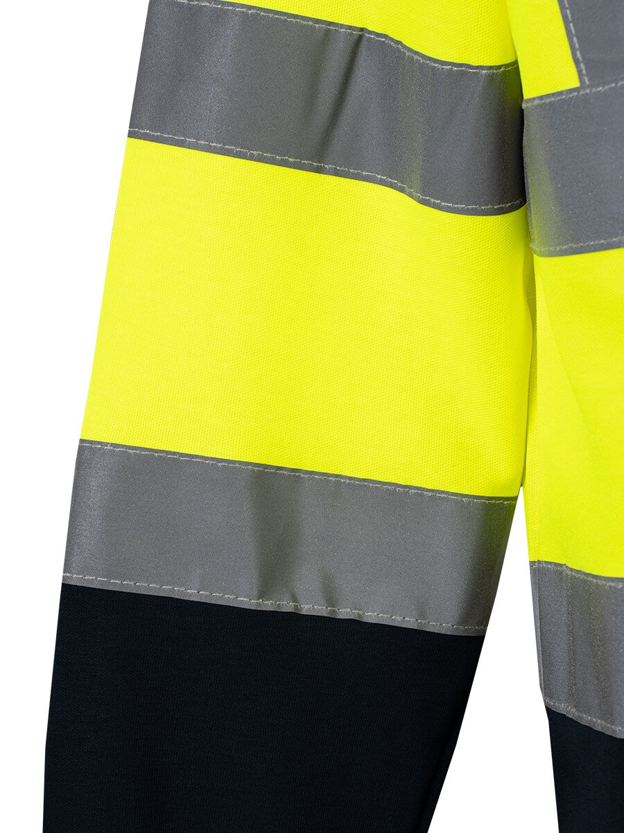 Langarm-Poloshirt: gelber Stoff mit breiten Reflexstreifen und marineblauen Unterpartien