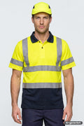 Zweifarbiges Polo-Shirt mit Reflexstreifen, gelb und dunkelblau, Knopfleiste