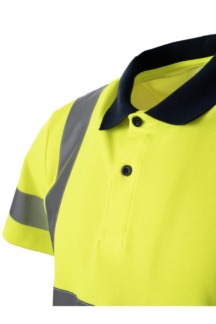 Polo-Shirt mit gelbem Stoff, dunkelblauer Schulterpartie und Reflexstreifen